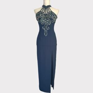 Alyce Designs Beaded Gown Long Teal Strappy Back Zip Closure Size 2 Side Slit